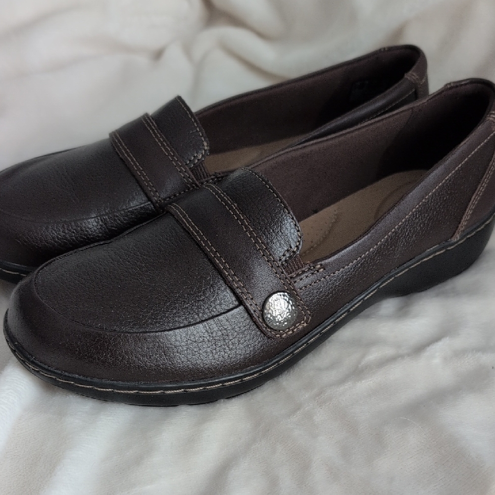 Clarks Women's Brown Slip-On Loafer with Decorative Button